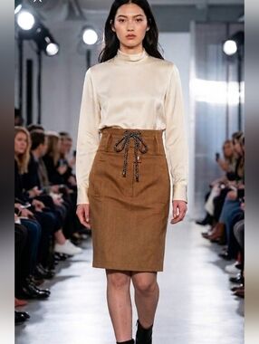 Endless Rose Khaki Lace-up Up Cotton Pencil Skirt Sz L Midi Sienna Brown NEW